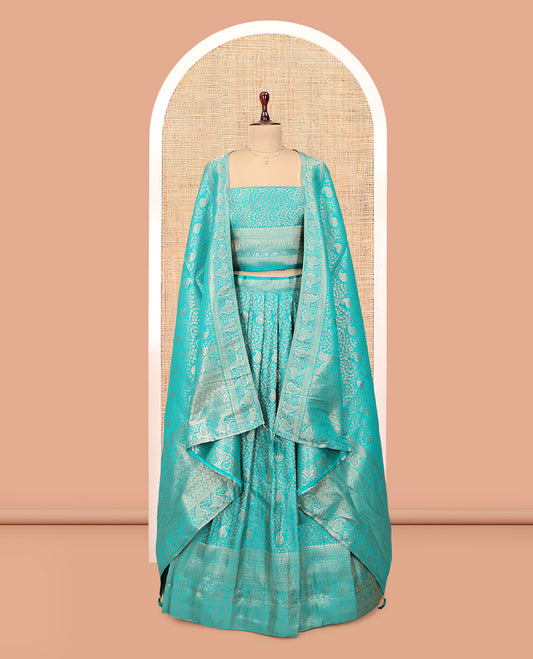 Turquoise Banarasi Half-Saree, Meticulously Crafted with Jacquard Design Skirt, a Traditional Border, Matching Blouse, and Intricately Designed Dupatta