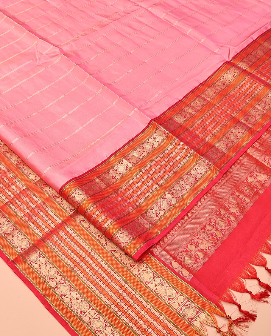 Onion Pink-Dark Pink Striped Vasundhara Lite Silk Mix Saree, Contrast Manga-Mayil Border, Contrast Blouse