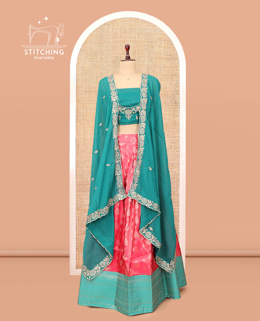 Pink Banarasi Half-Saree, Elevated with Buttas Skirt, a Contrast Traditional Border, Contrast Embroidered Blouse, and Contrast Scallop Embroidered Dupatta