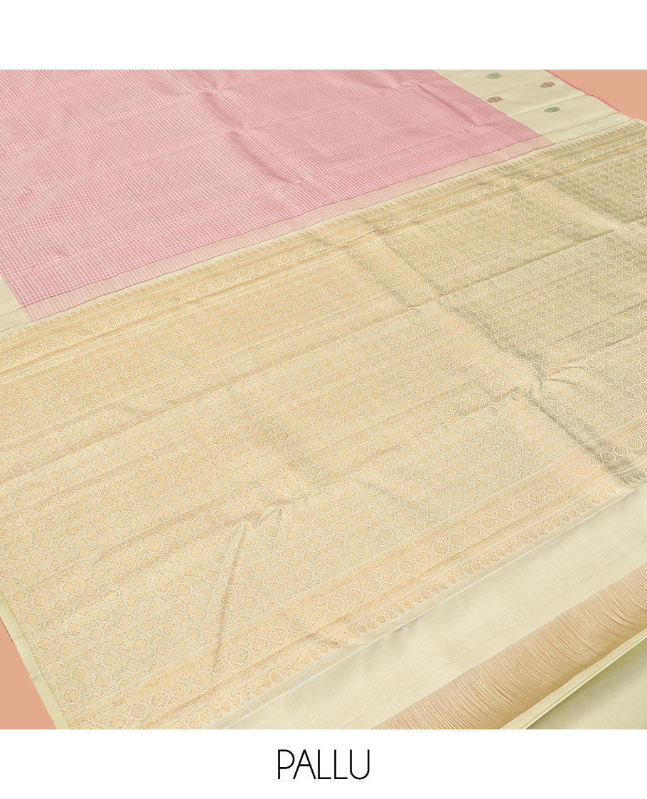 Pink Kanchipuram Silk Saree, Subtly Sparkled with Checks, Complemented by a Contrast Iruthalai Pakshi Border, Intricate Pallu, and Contrast Blouse