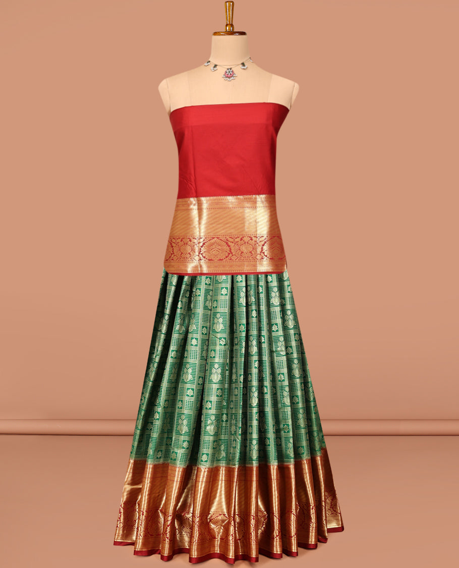 Green Art Silk Material Half Saree Set Featuring a Jacquard Skirt, a Contrast Traditional Zari Design Border, Contrast Blouse, and Zari Designs Dhavani