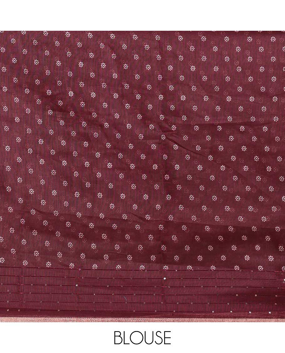 Wine color worli printed soft mercerised cotton saree with sequins work border & printed pallu along with butta design blouse