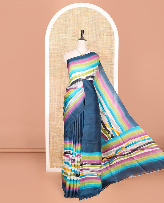 Blue-base multi-color striped printed saree, self-pallu of colorful stripes