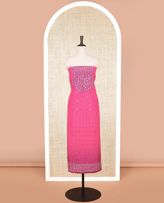 Pink with mangenta bandhani print stone, mirrror work crepe chudidhar material top with american crepe pant & bhandani print, mirror work dupptata