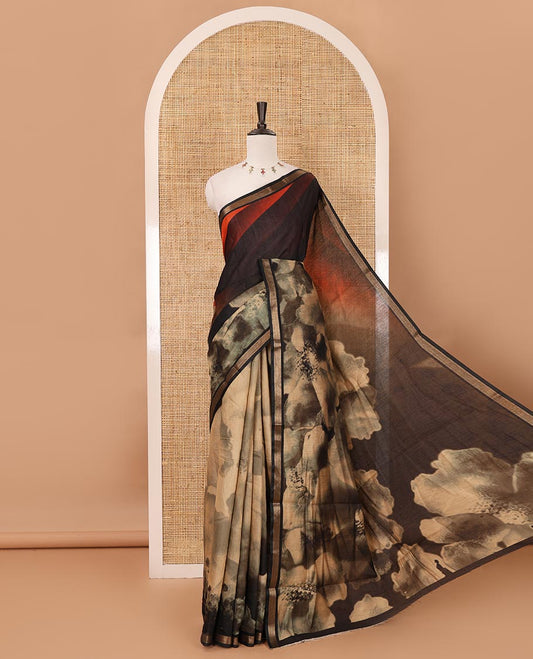 Black shibori-style printed muslin saree, contrast zari piping border, self printed pallu & shibori-style printed blouse