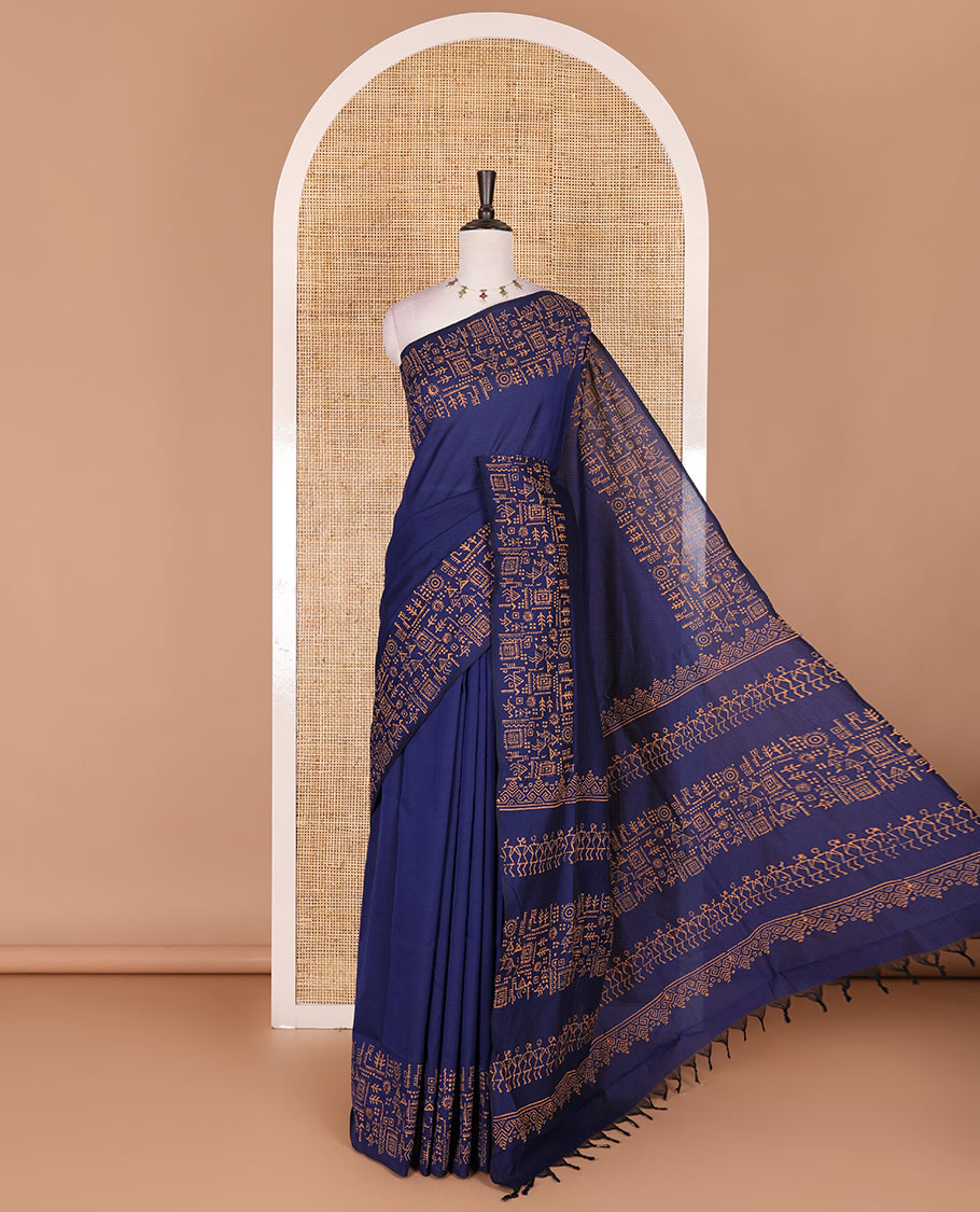 Blue plain South cotton saree, Warli village theme hand block printed border, and pallu, along with contrast printed blouse