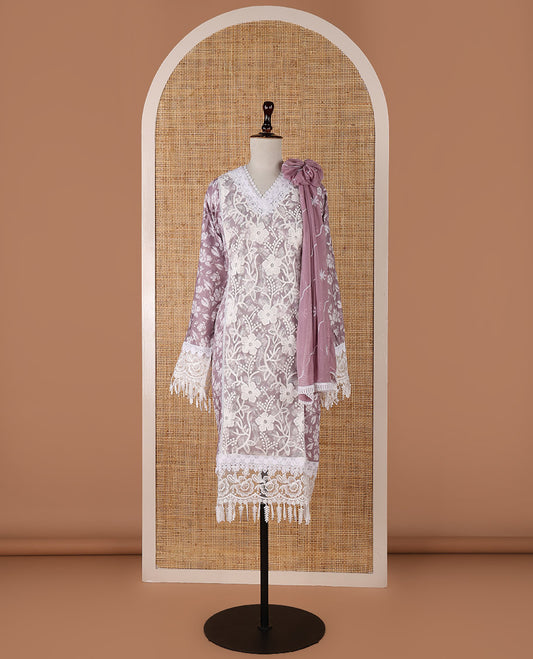 Pink chudidar material set, floral embroidery with daman crochet lace work jam cotton top, white thread argyle design embroidery with lace work nazlin dupatta, unique motifs printed bottom