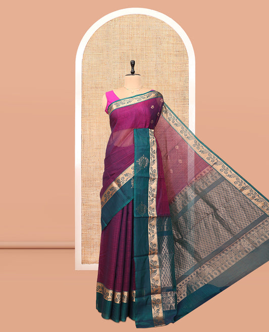 Purple Silk Cotton Saree, Elevated with Zari Buttas, a Contrast Floral Creeper Border, Jaal Pallu, and a Contrast Blouse