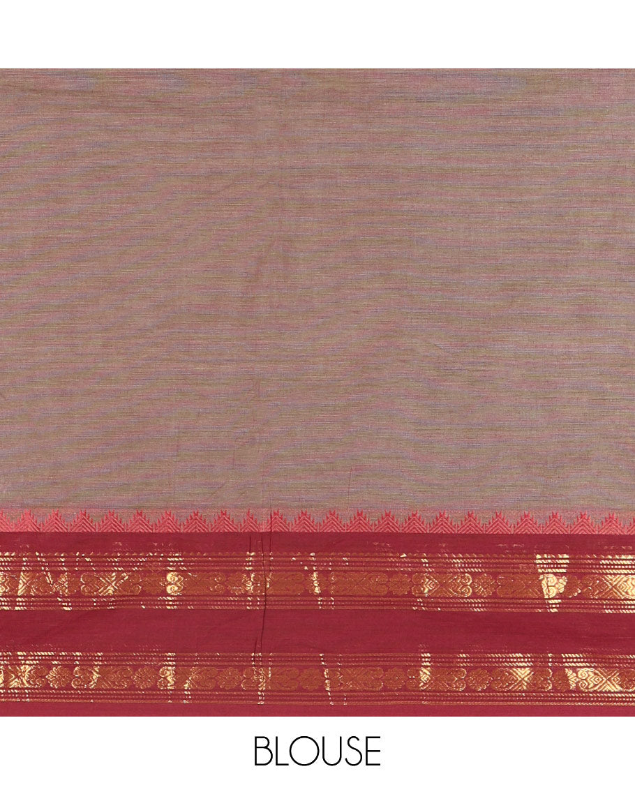 Grey Plain Chettinad Cotton Saree, Complemented by a Contrast Rettai Pettu Traditional Zari Design Border, Subtly Striped Pallu, and Paired with a Matching Blouse