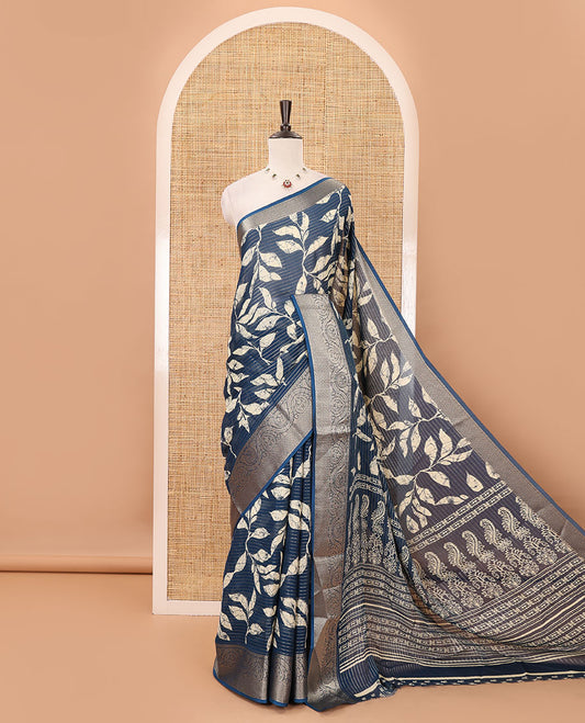 Blue dotted striped & batik leaf printed viscose georgette saree, traditional design zari border, intricate pallu & blouse of print & zari work
