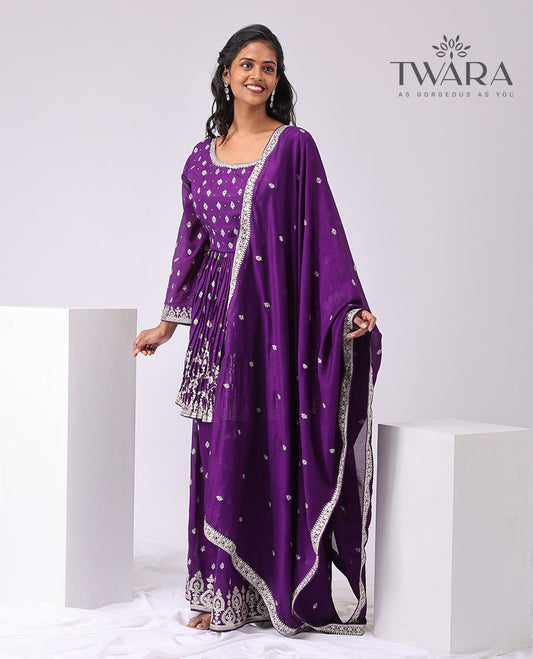 Twara purple floral embroidered round neck, 3/4 th sleeve with sharara pants & floral embroidered dupatta