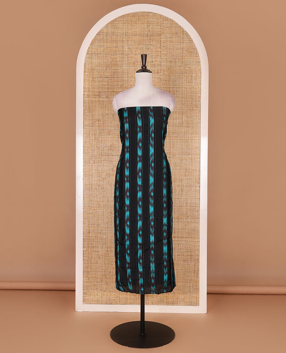 Black Vertican silk material chudidar set, vertical ikkat stripes, and kantha work top, contrast plain slub cotton bottom, and linen contrast ikkat printed zari border dupatta