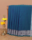 Peacock blue narayanapet cotton saree with zari thread temple cheer border & striped pallu along with running blouse