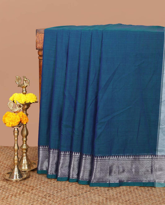 Peacock blue narayanapet cotton saree with zari thread temple cheer border & striped pallu along with running blouse