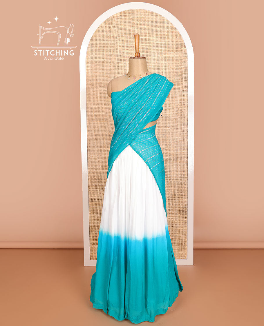 White & blue  georgette half saree with plain blouse & striped dhavani