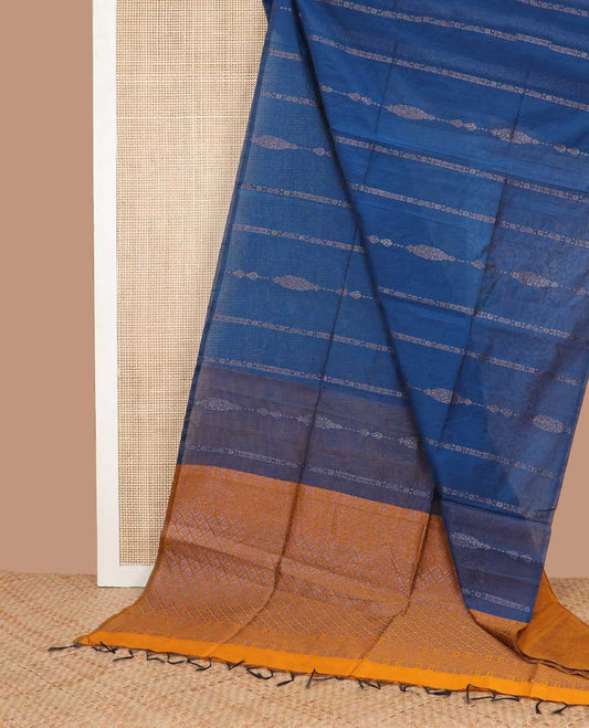 Borderless blue striped floral design semi silk saree with argyle design pallu