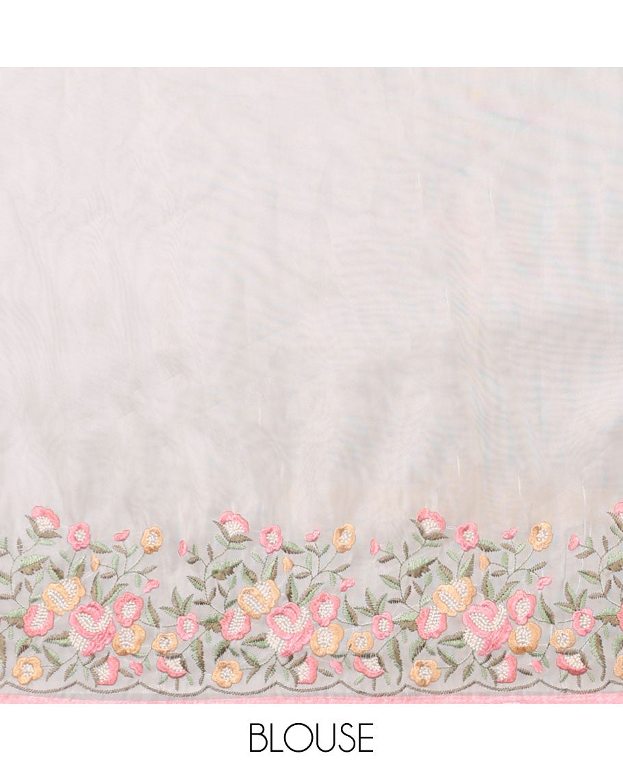 White motifs embroidery net designer saree with self floral border & floral embroidery pallu 