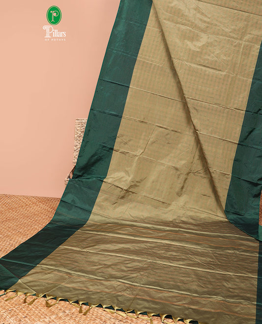 Green allover vari ousi zari checks bhavasha silk saree with velthari design border & self lining, tussels pallu along with contrast plain blouse