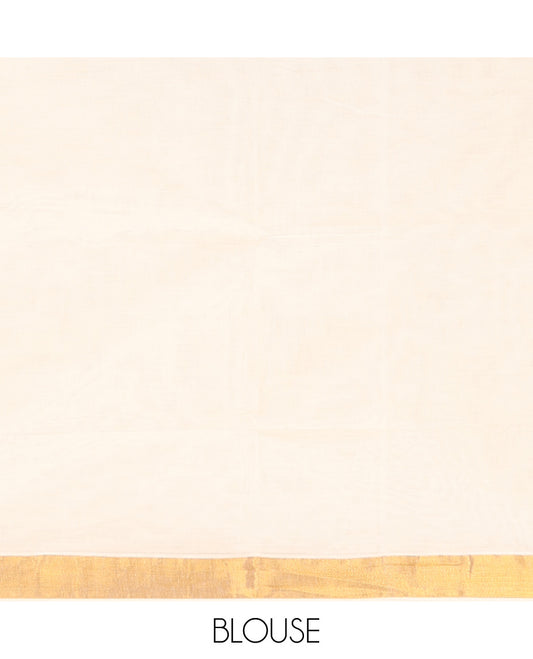 Cream Kerala Saree, Embellished with Zari Buttas on its Body, Subtly Sparkled Bavanji Border, Gleaming Zari Woven Pallu of Floral Designs, and Paired with a Matching Blouse