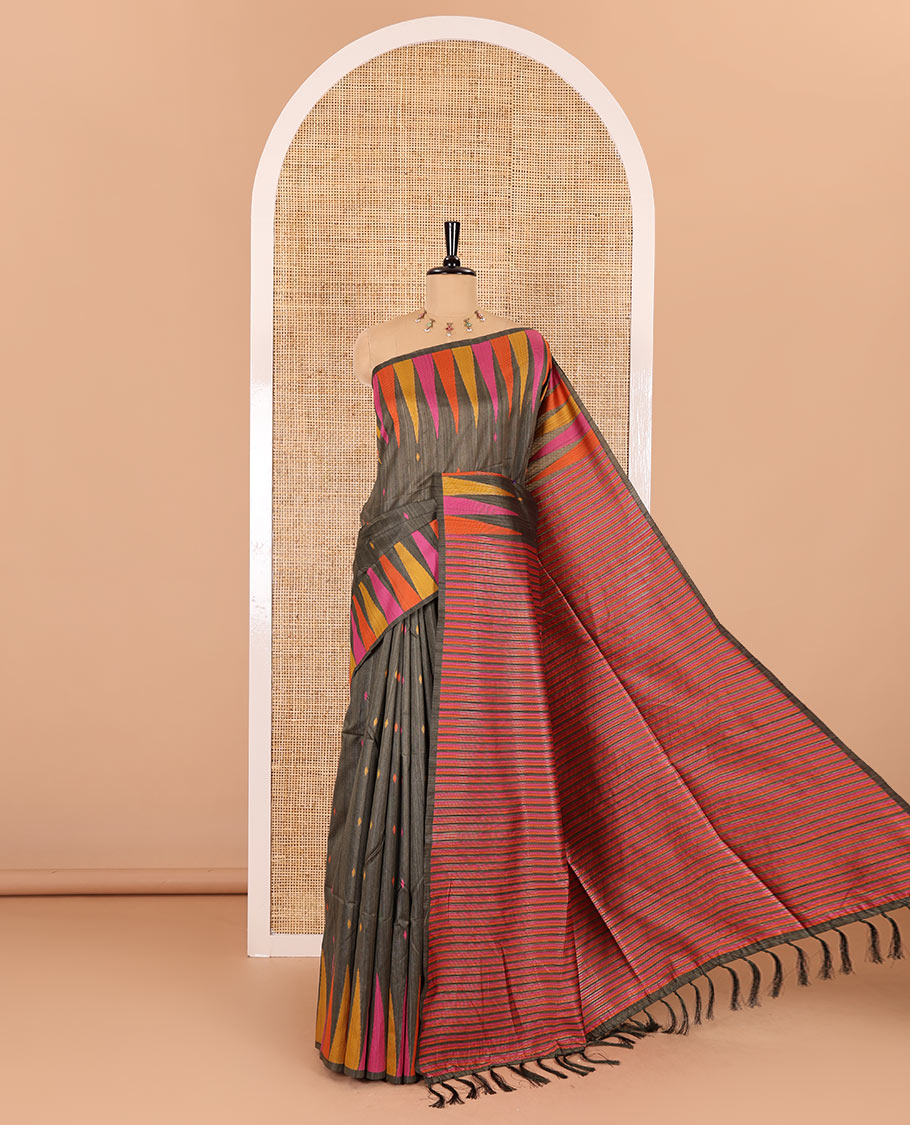 Olive green thread buttas woven jute cotton saree, multi-color temple border, striped pallu, and a matching striped blouse