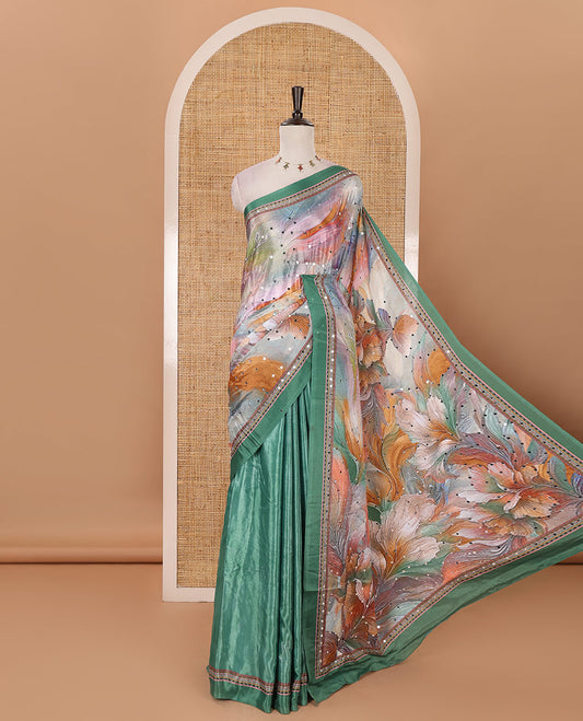 Peacock green colorful floral abstract printed & real mirror embroidery masakali saree, printed with mirror work border & plain blouse