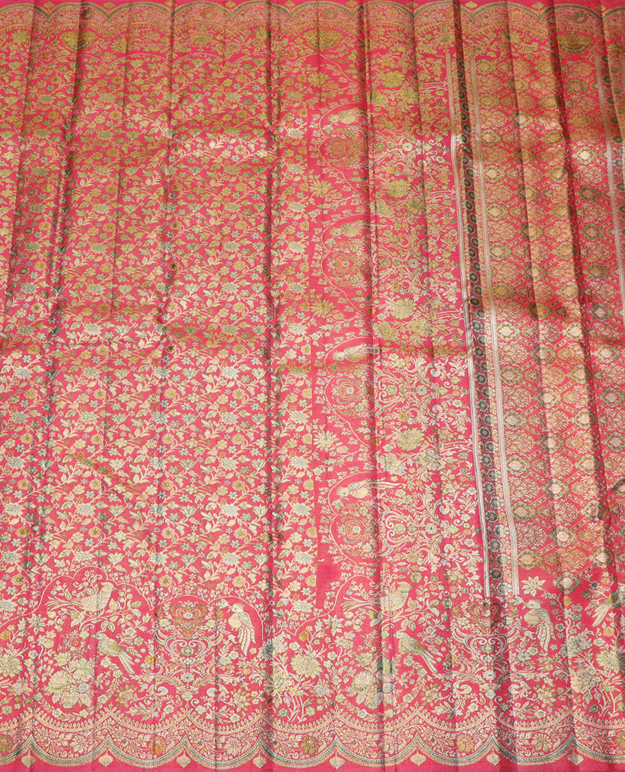Pink floral jaal meenakari jacquard silk saree, scallop zari floral creeper design & meenakari floral design pallu