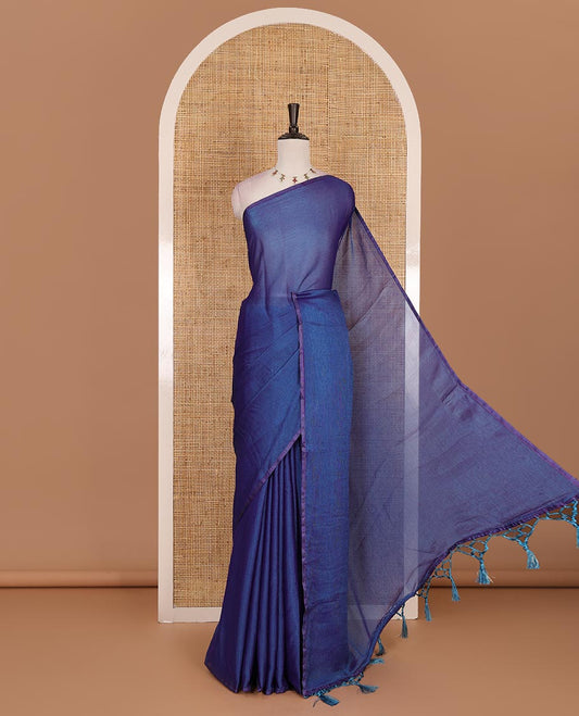 Borderless navy blue plain design viscose saree, flower motifs printed matching blouse