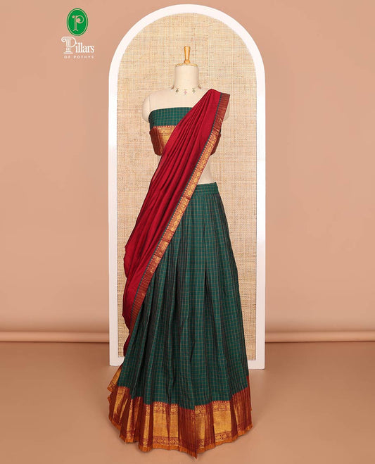 Dark green mercerised cotton daman zari border, checked design  half saree with mercerised cotton checked blouse & skya georgette one side zari border work