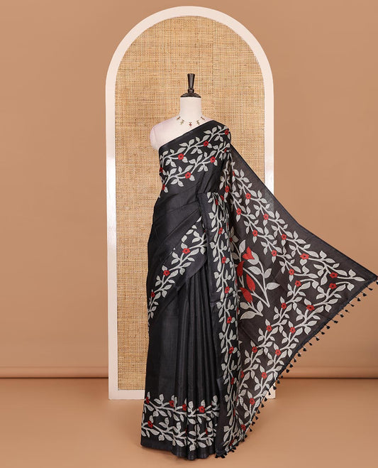 Black plain khadi cotton saree, floral creeper printed border, and pallu with small buttas printed blouse