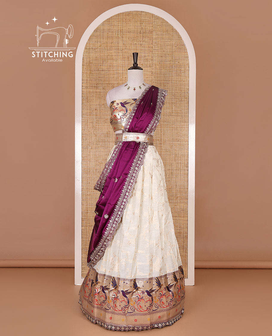Cream banaras halfsaree, jaal jacquard skirt, contrast rani paithani border, matching blouse, and Syska georgette embroidered dhavani