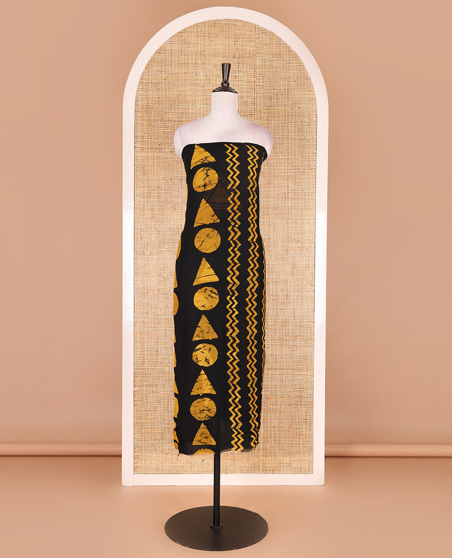 Black and mustard viscose georgette material churidar set, geometric shapes batik hand block printed top, plain bottom, and batik hand block printed dupatta