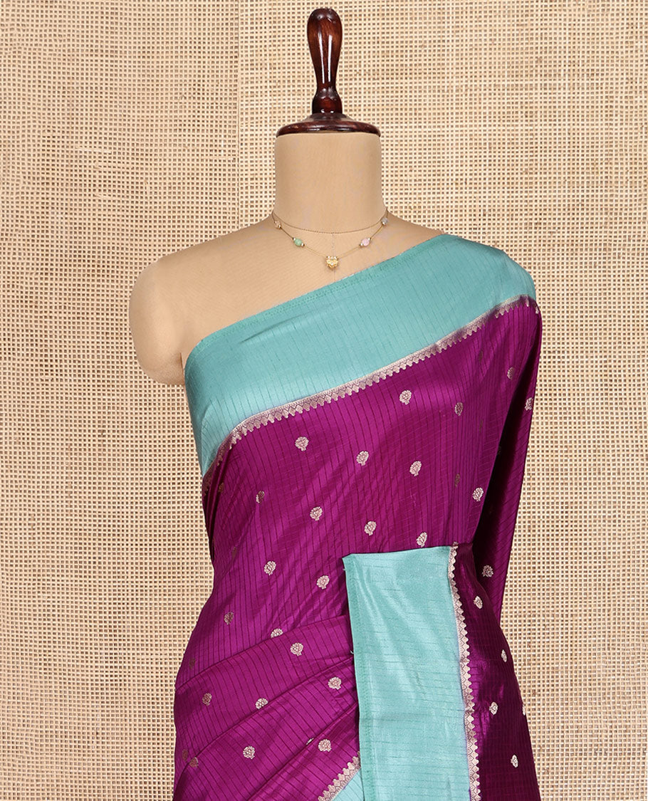 Purple Semi-Banaras Dupion Saree, Gleamed Up with Checks and Buttas, Complemented by Contrast Border, Zari Striped Pallu, and a Contrast Blouse