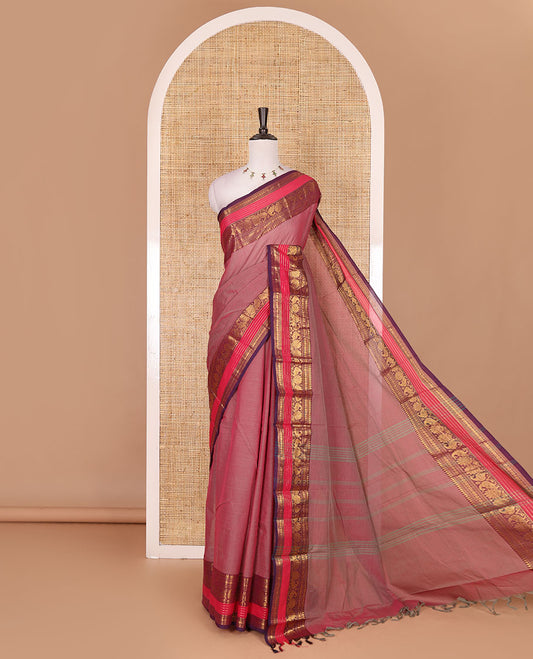 Pink plain Chettinad cotton saree, contrast rettai rettu annam and temple motif zari border, striped pallu, and matching blouse