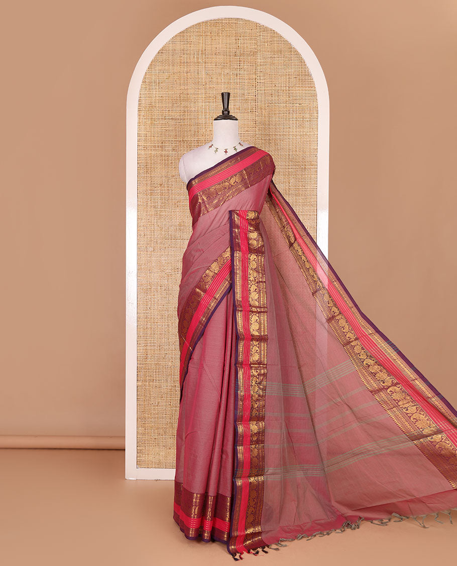 Pink plain Chettinad cotton saree, contrast rettai rettu annam and temple motif zari border, striped pallu, and matching blouse