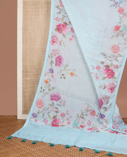 Ligh blue floral design linen saree with self plain border