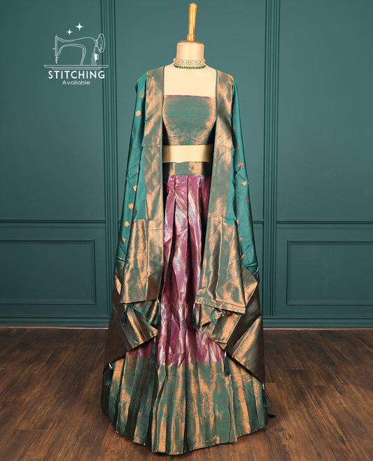 Maroon chevron artsilk halfsaree,contrast traditional zari design & stonework border,jacquard blouse & intricate dhavani