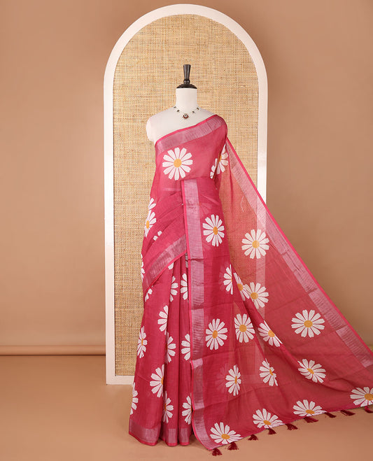 Pink sunflower motif printed linen saree, silver zari plain border & small sunflower motif print blouse