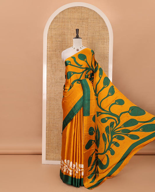 Borderless gold batik-style vine printed satin crepe saree, fancy printed self-pallu & batik printed blouse