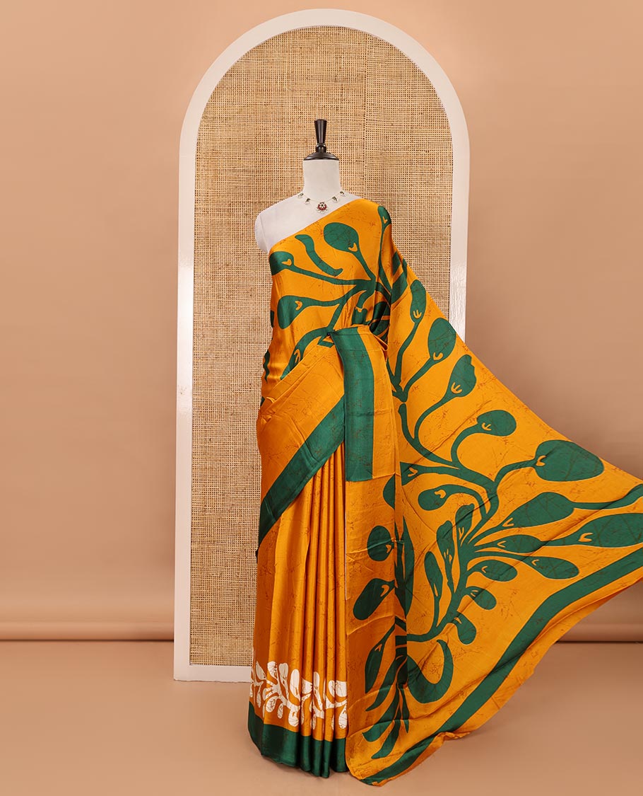 Borderless gold batik-style vine printed satin crepe saree, fancy printed self-pallu & batik printed blouse