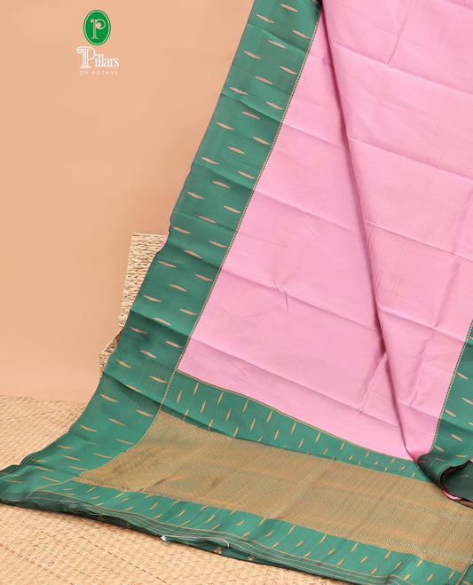 Pink copper zari brocadedesign litchi soft silk saree with contrast korvai stain , weaving buttas border & contrast weaving rich pallu along with copper zari, small buttas blouse