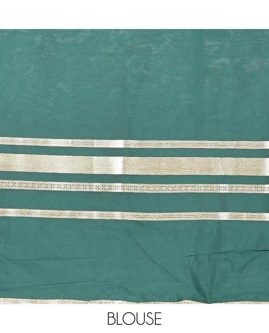 Green floral vine design mysore silk saree with contrast zari border & striped zari pallu