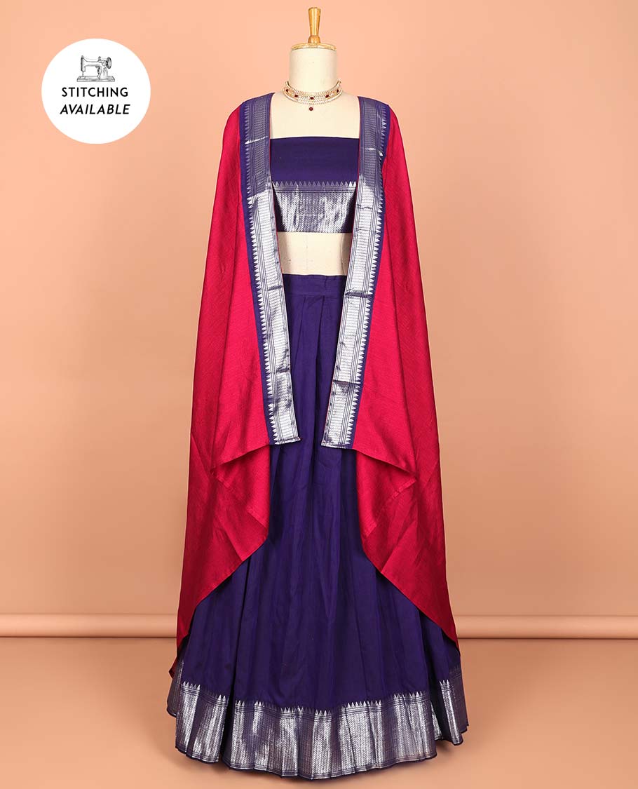 Violet cotton half saree with contrast zari border, plain blouse & plain with zari border dhavani