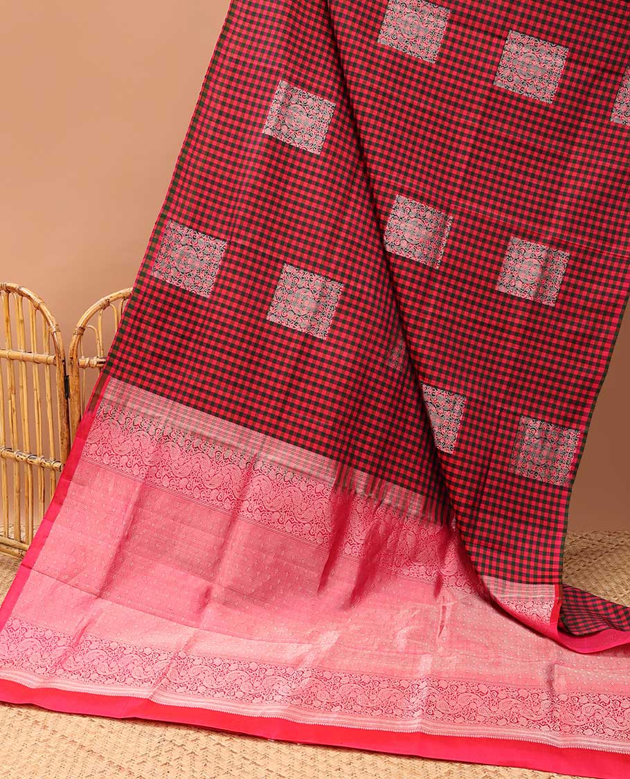 Borderless multi-color micro-checked design soft silk saree with buttas,  pallu of paisley & jaal designs