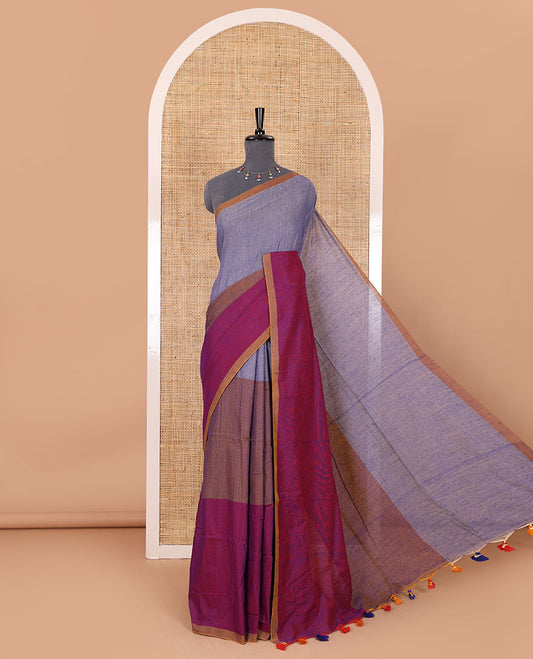 Borderless violet tri-ombre-colored plain khadi mul cotton saree with self-pallu, multi-colored tassels and a matching blouse