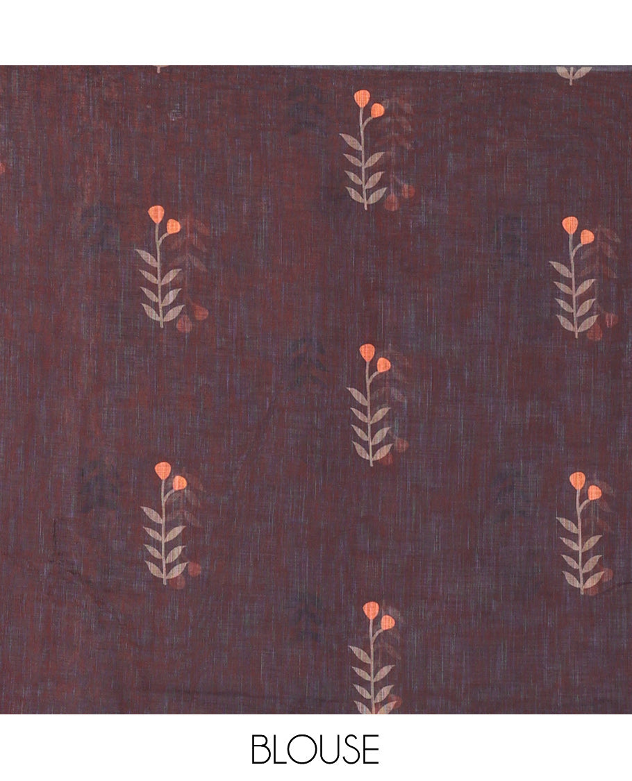 Borderless Orange Linen Cotton Saree, Adorned with Leaf Print, a Contrast Leaf-Printed Pallu, and Contrast Blouse