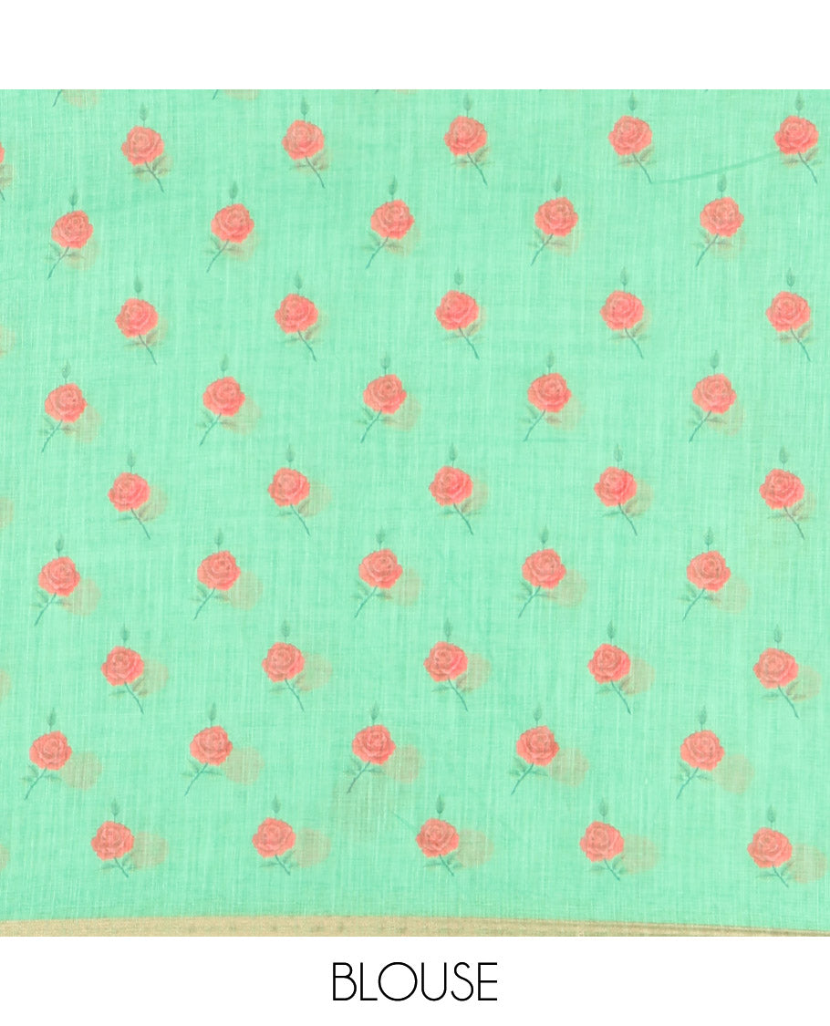 Green Linen Cotton Saree, Elevated with Micro-Checks and Floral Motifs on Its Body, Subtle Piping Border, a Self-Pallu, and Paired with a Rose Floral Printed Blouse