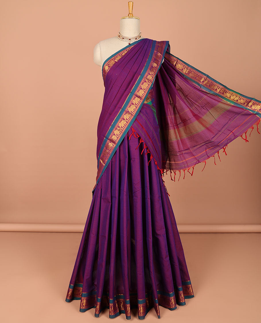 Purple cotton half saree contrast zari border with plain blouse & plain dhavani with contrast elephant zari border