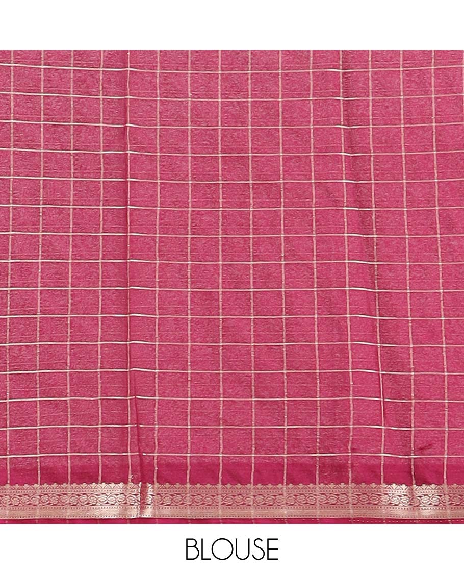 Pink checked art mysore silk saree with self zari border & striped zari pallu