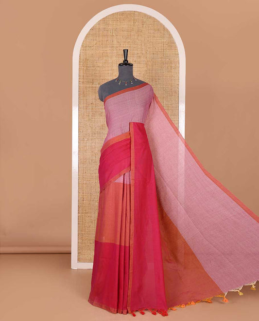 Borderless purple tri-ombre-colored plain khadi mul cotton saree with self-pallu, multi-colored tassels and a matching blouse
