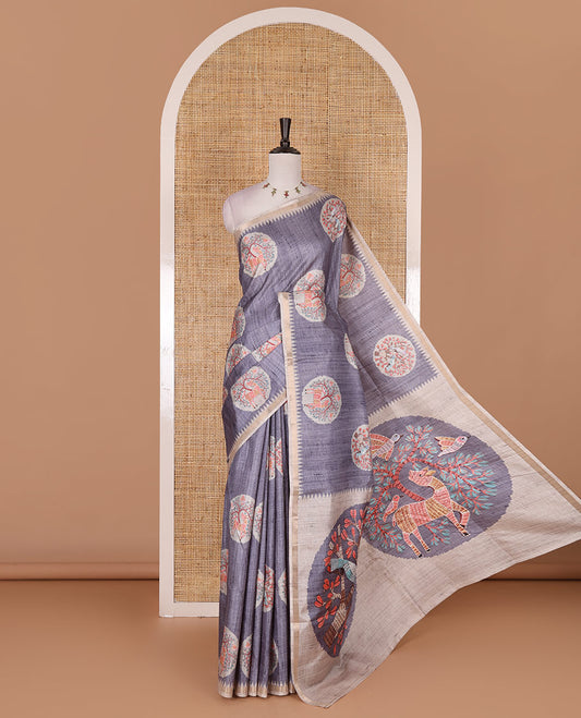 Grey Madhubani painting style deer and sparrow motifs printed semi-tussar silk saree, contrast temple border, Madhubani style pallu, and contrast bird and floral buttas printed blouse